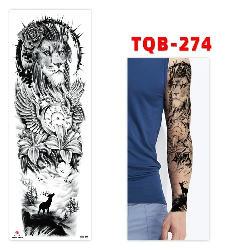 Full Arm Tatoo Clock Totem Lion Tiger Animal Waterproof Temporary Tattoo Stickers Man Thigh Transfer Tatto Flash Fake Tato Women | Дом и сад