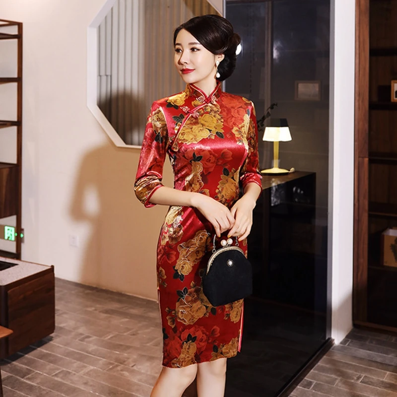 XL элегантный Улучшенный модный короткий рукав cheongsam с золотым бархатным принтом cheongsam женская Ретро короткая юбка