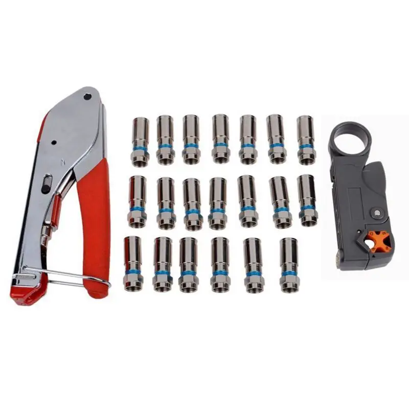 

New Multitool Wire Stripping Squeezing Pliers Coaxial Cable Cold Press Clamp RG59 RG6 Cable TV Crimping Tool Set with 20 F Heads