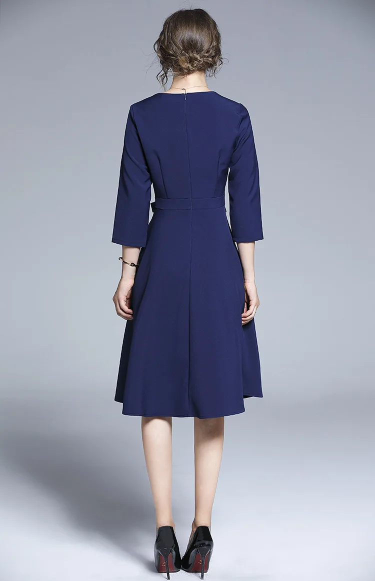 BunniesFairy, осенне-зимнее женское элегантное винтажное ретро платье с цветочной вышивкой, темно-синее платье с рукавом три четверти
