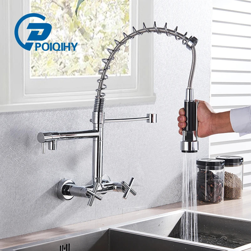 

Chrome Spring Kitchen Faucet 360 Rotation Pull Down Hand Sprayer with Buckle Kitchen Taps Wall Mounted Cold Hot Water Mixer Taps