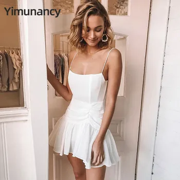

Yimunancy Straphetti Strap Dress Women Sleeveless Pleated Dress 2020 Spring White Black Ladies Sexy Party Dress Vestidos Robes