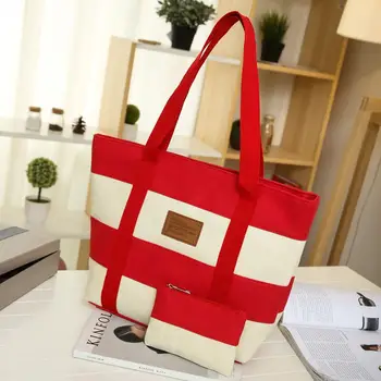 

Women Big Bags Canvas Wide Stripe Woman Shoulder Bags Stitching Color Simple Ladies Handbags Bags