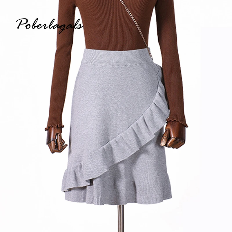 Осенне зимняя женская трикотажная юбка 2019 серая Асимметричная плиссированная