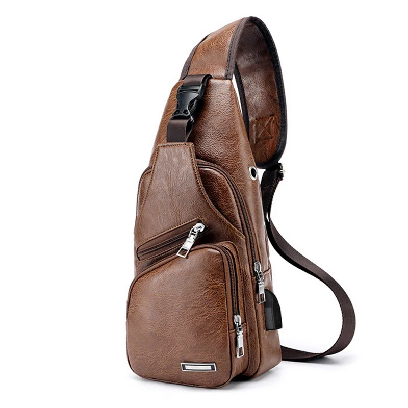 Мужские дорожные нагрудные сумки, поясные сумки для мужчин, зарядка через usb, разъем для наушников, кожаная сумка через плечо, диагональная посылка, новинка - Цвет: Light brown