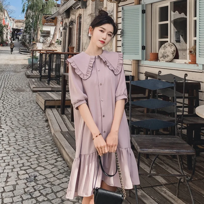 

Peter Pan Collar Cute Dress Women's 2020 Summer New Style Korean-style Loose-Fit by Age Sweet College Style Flounced Skirt