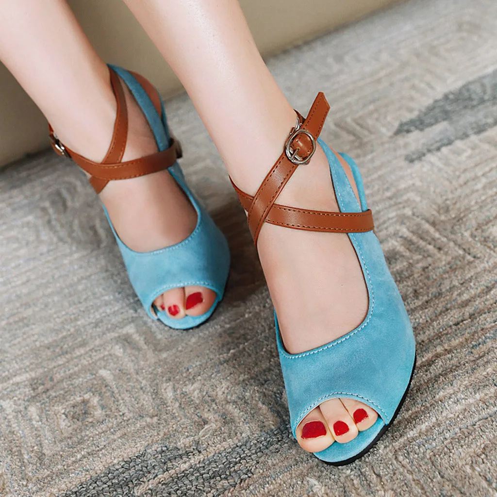 

2020 New Women Sandals Ankle Buckle Summer Colorblock Single Shoes Women Block Heel High Heels Fish Mouth Gladiator sandalias