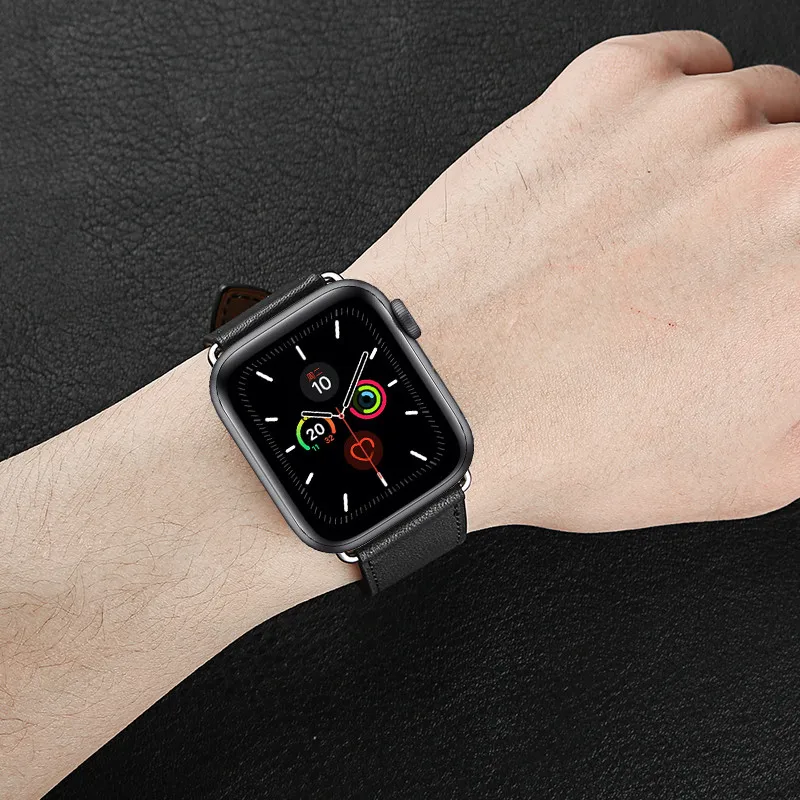 Ремешок из натуральной кожи для Apple Watch Series 5 черный браслет наручных часов iWatch 3 2 40