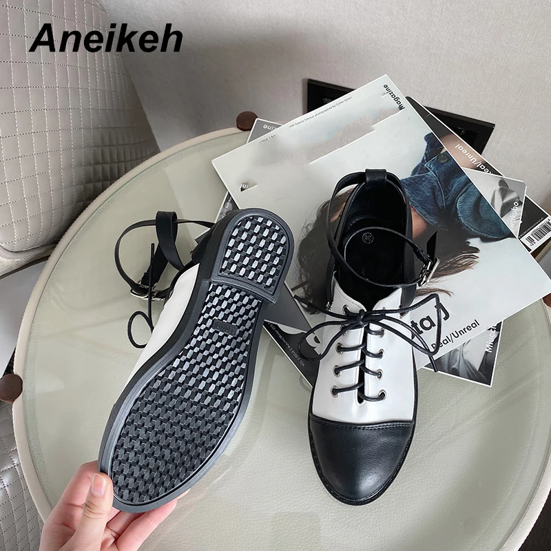 Aneikeh/Новые Стильные лоферы в ретро-стиле с перекрестными ремешками; женские полуботинки из лакированной кожи с круглым носком; женские слипоны ручной работы на плоской подошве