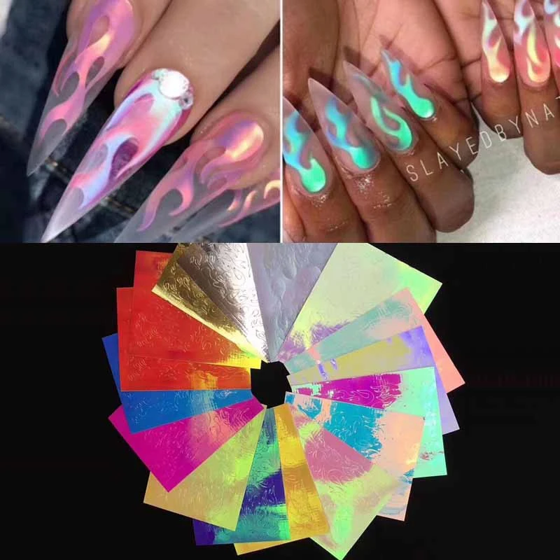 16 Colors Nail Flame Sticker Reflections Tape Adhesive Nail Art Flame Stickers Laser Decals Accessories