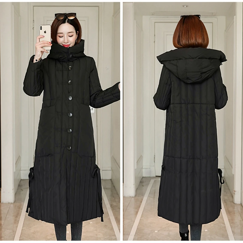 

women's X-long thick parka winter solid jackets Large pocket button jacket hooded Loose warm coat female outwear giacca donna
