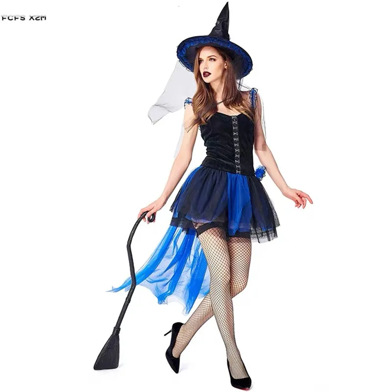 Синяя кружевная юбка Готическая женщина ведьма косплей Женский Хэллоуин