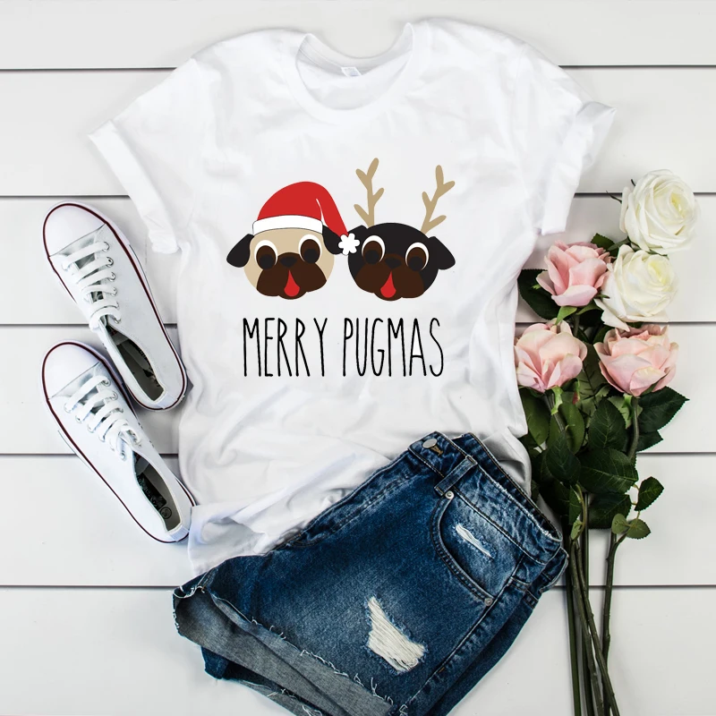 Женская футболка с изображением собачки мопса, забавного оленя, зимняя Милая футболка с рождественским принтом, женская футболка, женские футболки Kawaii