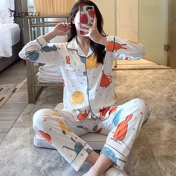 

Women Pajamas Set Long-sleeved Cardigans Fashion Homewear Set Lapel Cartoon Fruit Print Sleepwear