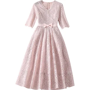 

Party Dress Women's Spring 2020 V-Neck Short Sleeves Bow Slim A-Line Solid Color Hollow Out Pink Lace Dress Over The Knees S-XL