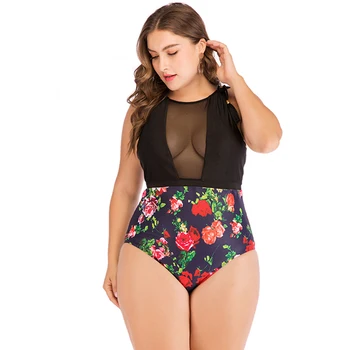 

New Mesh Insert High Waist Swimsuits L-5XL Plus Size Printed Women Swimwear Push Up One Piece Swim Suit Ladies Bathing Suits Q30