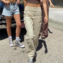 Rapwriter Casual Khaki Pants Pocket Denim Pants Boyfriend Cargo Pants Women Autumn Retro Baggy Jeans Stylish Streetwear Chic