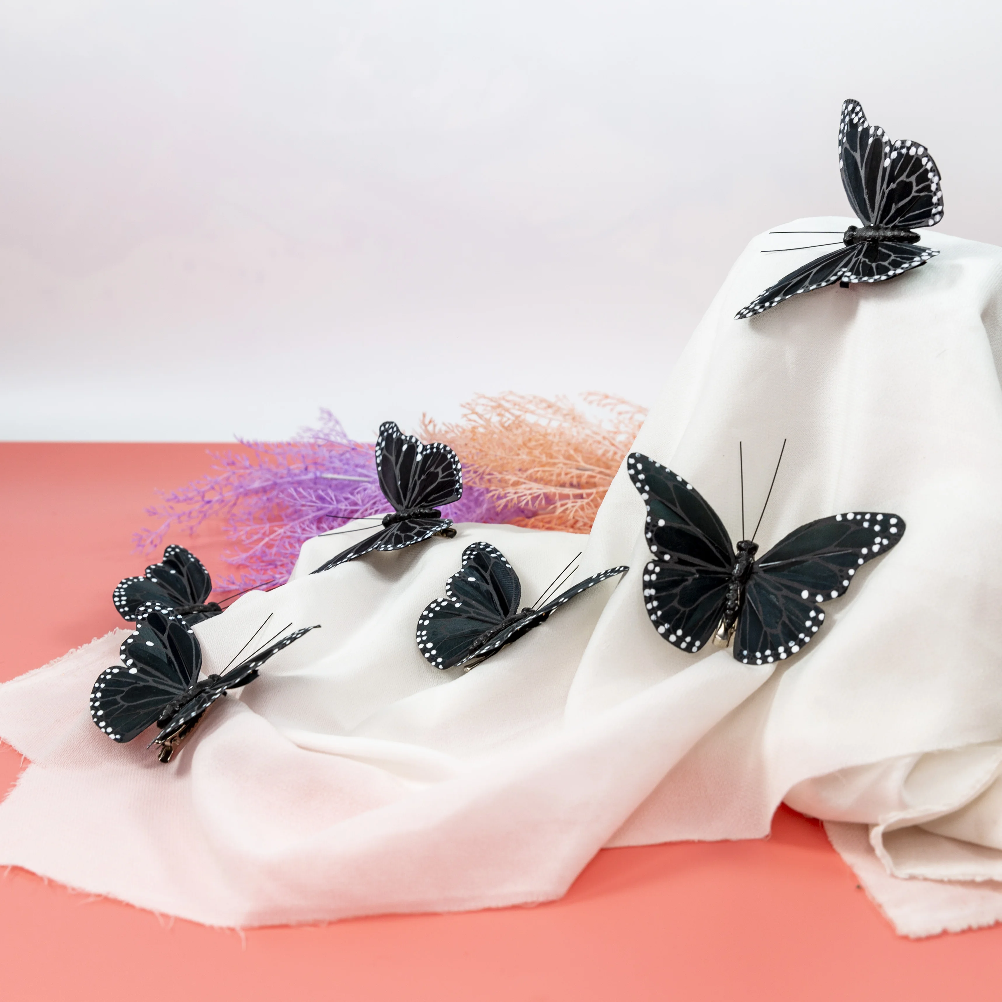 6pc Feather Fake Butterfly Wedding Photography Black and White