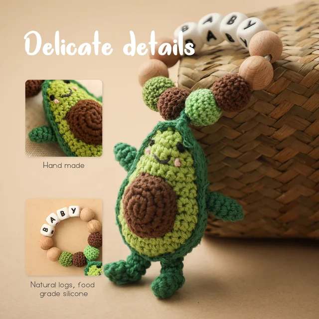 1 Pc Customized Baby Name Teether Bracelet Avocado Beech Wooden Pendant Newborn Rattle Toys Infant Teething Rattle Shower Gift 3