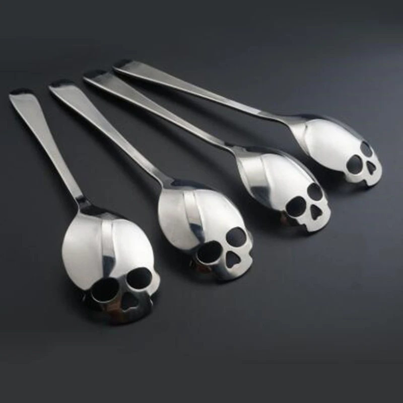 

1pc Home 15.1*3.4*0.25cm Skull Shaped Teaspoon Spoon Stainless Steel Coffee Scoops Dessert Ice Cream Sweets Tableware