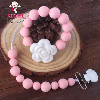 

XCQGH 2pcs/set Silicone Beads Flower Pendant Teething Bracelet and Silicone Pacifier Clip Chain