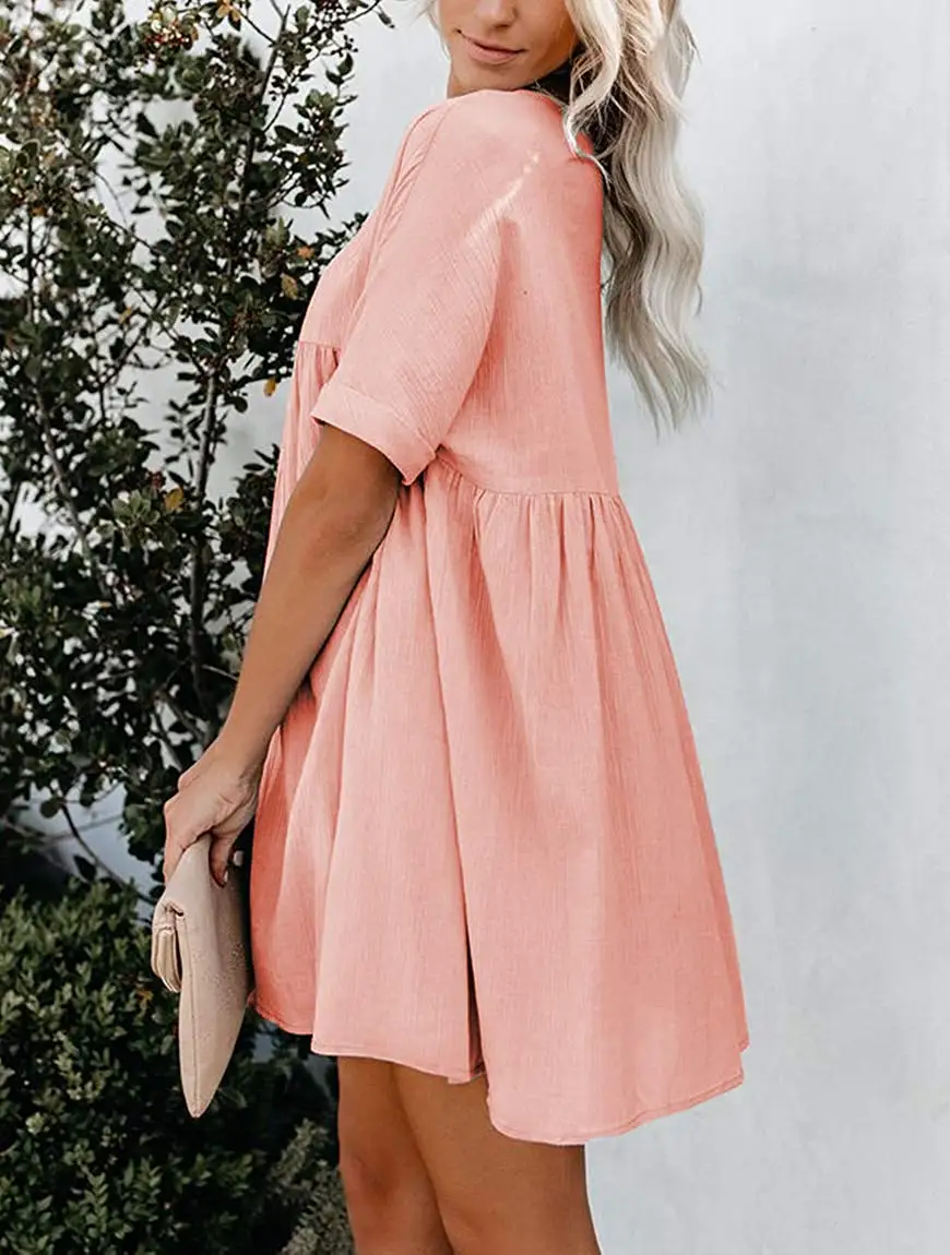

CHH55127 Women's Short Sleeve V Neck Pleated Loose Solid Color Tunic Mini Dress (Pink, L)