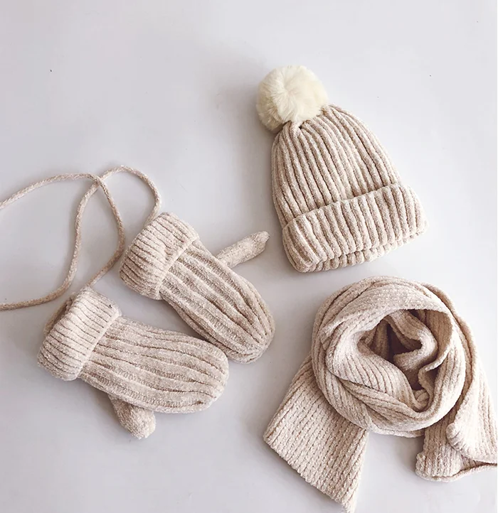 3PCS Fashion Cotton Baby knit Hat Scarf Gloves Autumn Winter Children Scarf-collar Boys Girls Warm Beanies Caps Scarf Sets