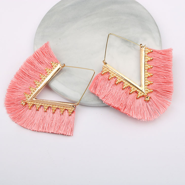 Boho Tassel Gold Loop Earrings Ethnic Creative Triangle Multicolor Silk Fabric Long Drop Earrings Jewelry 2020 New