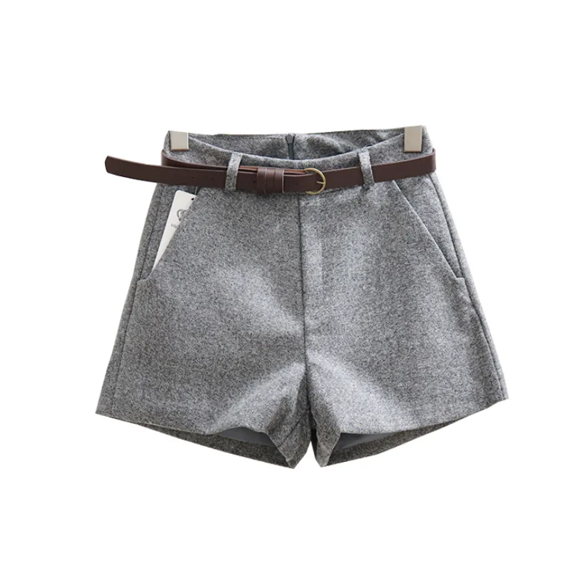 HELIAR осень-зима Для женщин, стиль non-Fashion, шерстяная шорты верхняя одежда Повседневное Высокая талия из шорт и пояса широкие женские теплые шорты
