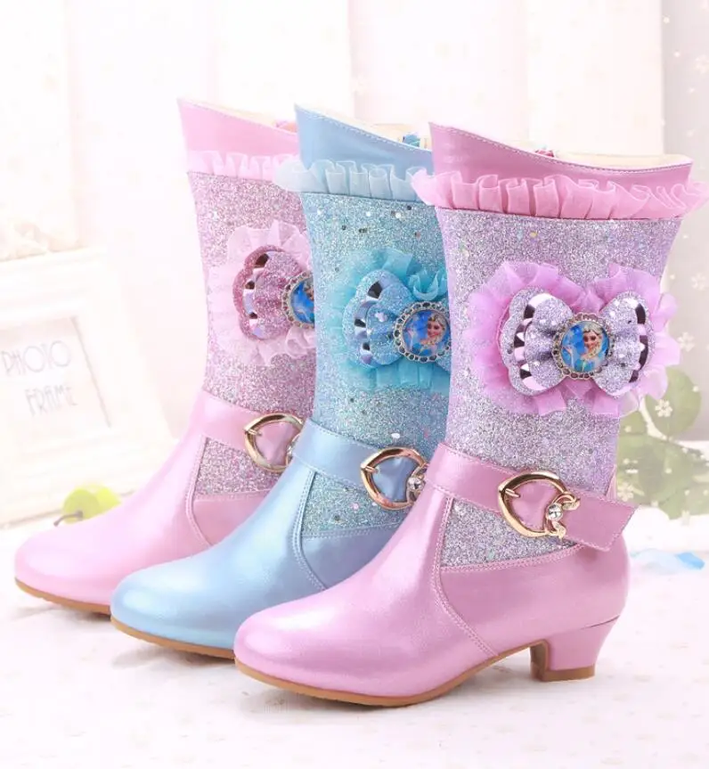 New Princess Elsa Boots Girls Pink Glitter Girls Shoes High Heels Autumn Winter Girls High Boots Velvet For Party Shoes