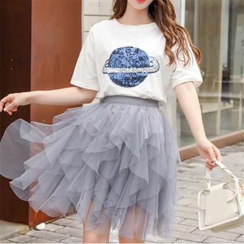 

Solid Mesh Women Skirt Preppy Style High Waist Ladies Ruffles Skirts Casual Irregular Above Knee Length Elastic Waist Skirt