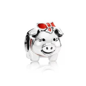 

Real 925 Sterling Silver Red Enamel Bow Cute Little Pig Charm Animal Bead Fit Pandora Bracelet For Women DIY Jewelry Making Gift