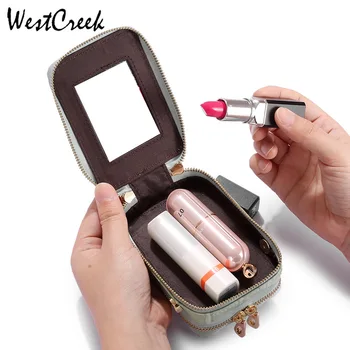 

WESTCREEK Brand Leather Lipstick Cosmetic Bag with Mirror Makeup Bag Chain Mini Crossbody Card Bags for Women