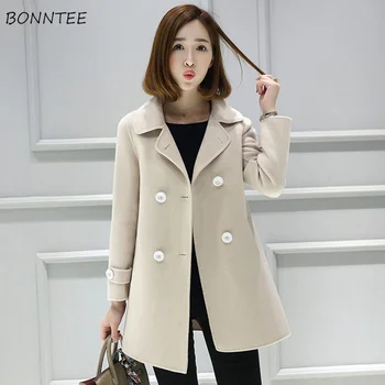 

Wool Women Double Breasted Harajuku Solid Simple All-match Korean Style Blends Womens Daily Outerwear Chic Elegant Slim Pockets