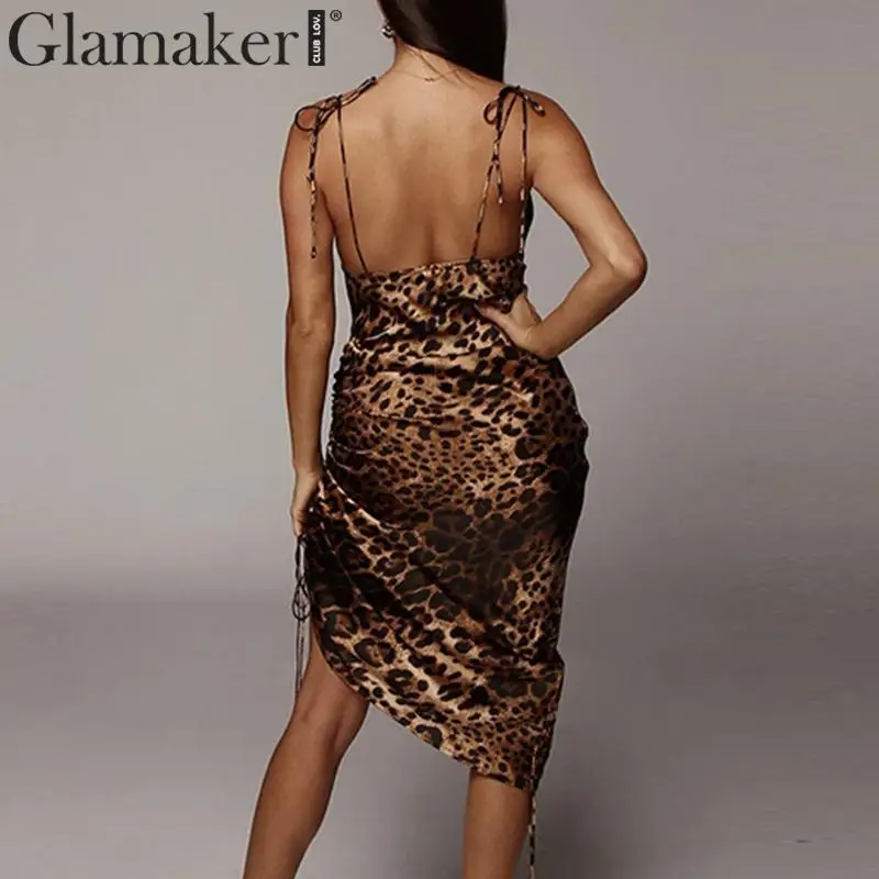 Glamaker, леопардовое плиссированное платье на тонких бретелях, женское летнее длинное платье с открытой спиной, сексуальное элегантное вечернее платье на шнуровке, vestidos