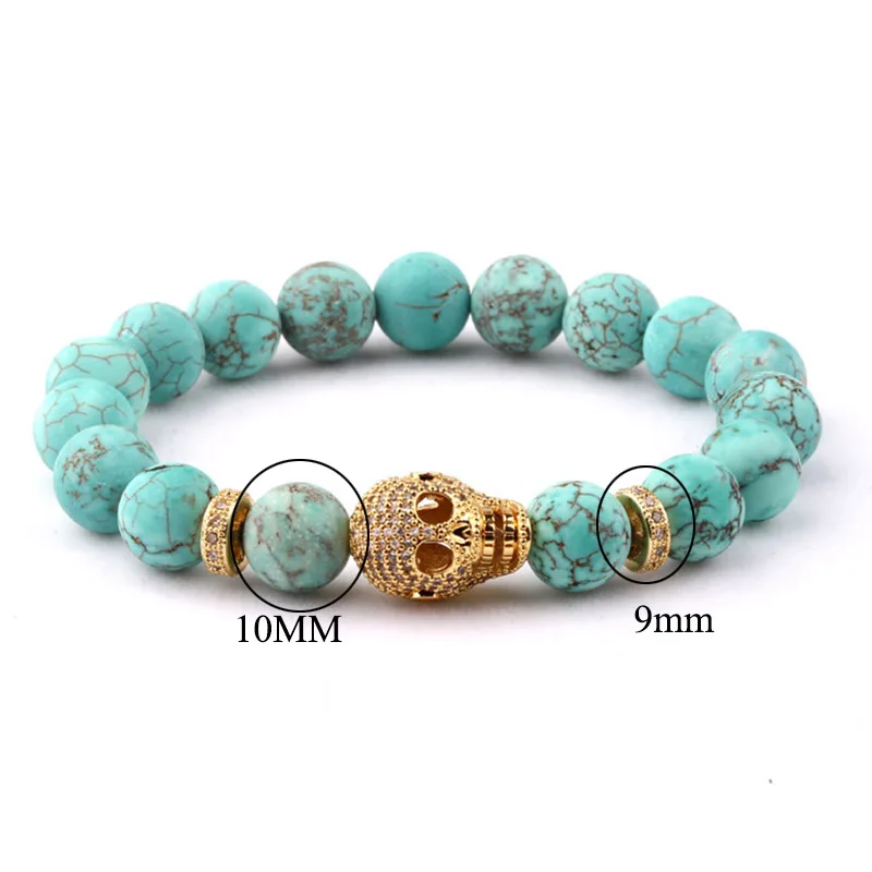 New Fashion Natural Stone Beads Women Jewelry Bracelet Large CZ Pave Skull Charm Beaded Elastic Bracelet Bangle Women Lady