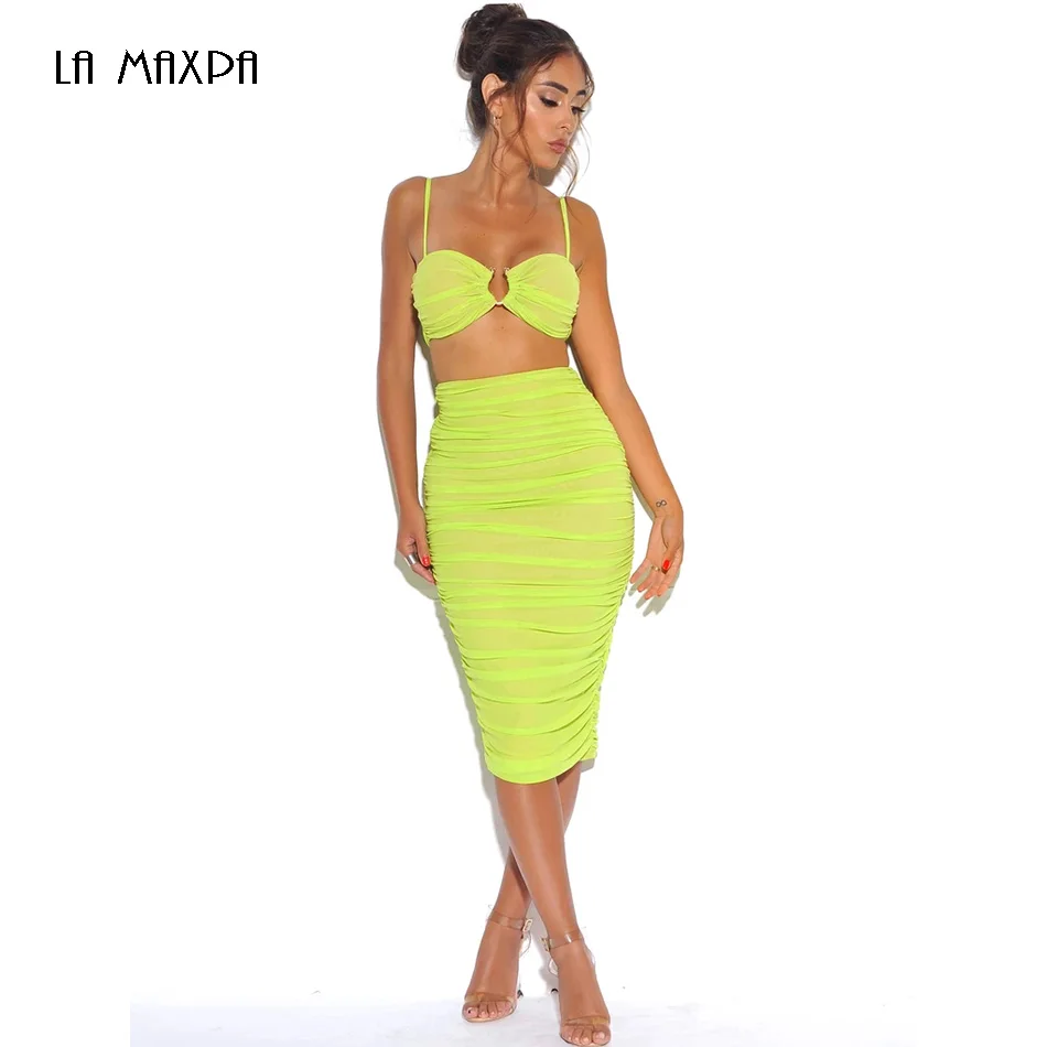 

2019 Summer New Mesh Folds Two-Piece Dress Chic Fluorescent Green Bodycon Midi Dress Sexy Nightclub Vestidos