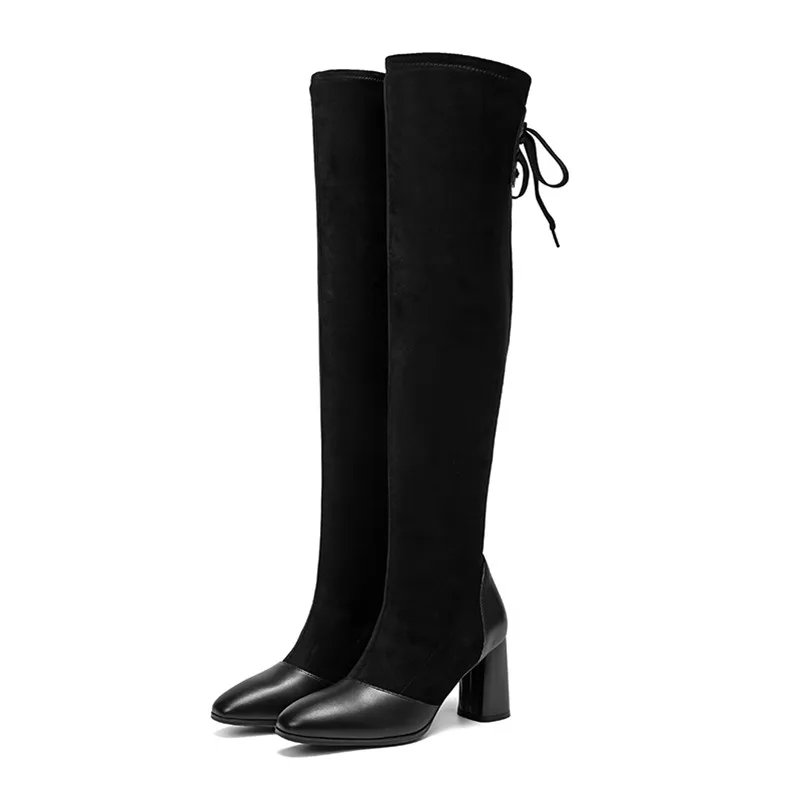 Black1 Velvet Lining Meotina/зимние сапоги до бедра; Женские Сапоги выше колена из натуральной кожи на толстом высоком каблуке; пикантная облегающая обувь; Женская Осенняя обувь; 39 - Цвет: Black1 Velvet Lining