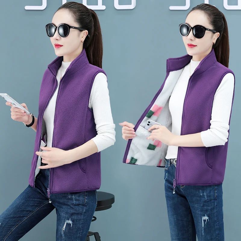 New Women'S Autumn Winter  Thickened Fleece Vest Lady Single Wear, Sleeveless Plush Zipper Stand Collar Cardigan Coat
