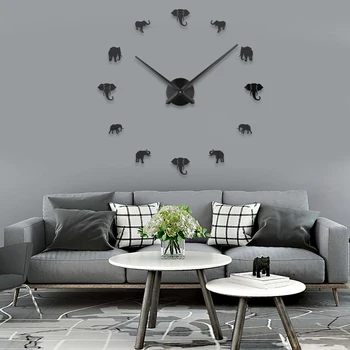 

DIY Large Wall Clock Jungle Animals Elephant Home Decor Modern Design Mirror Effect Giant Frameless Elephants Wall Clock Watch