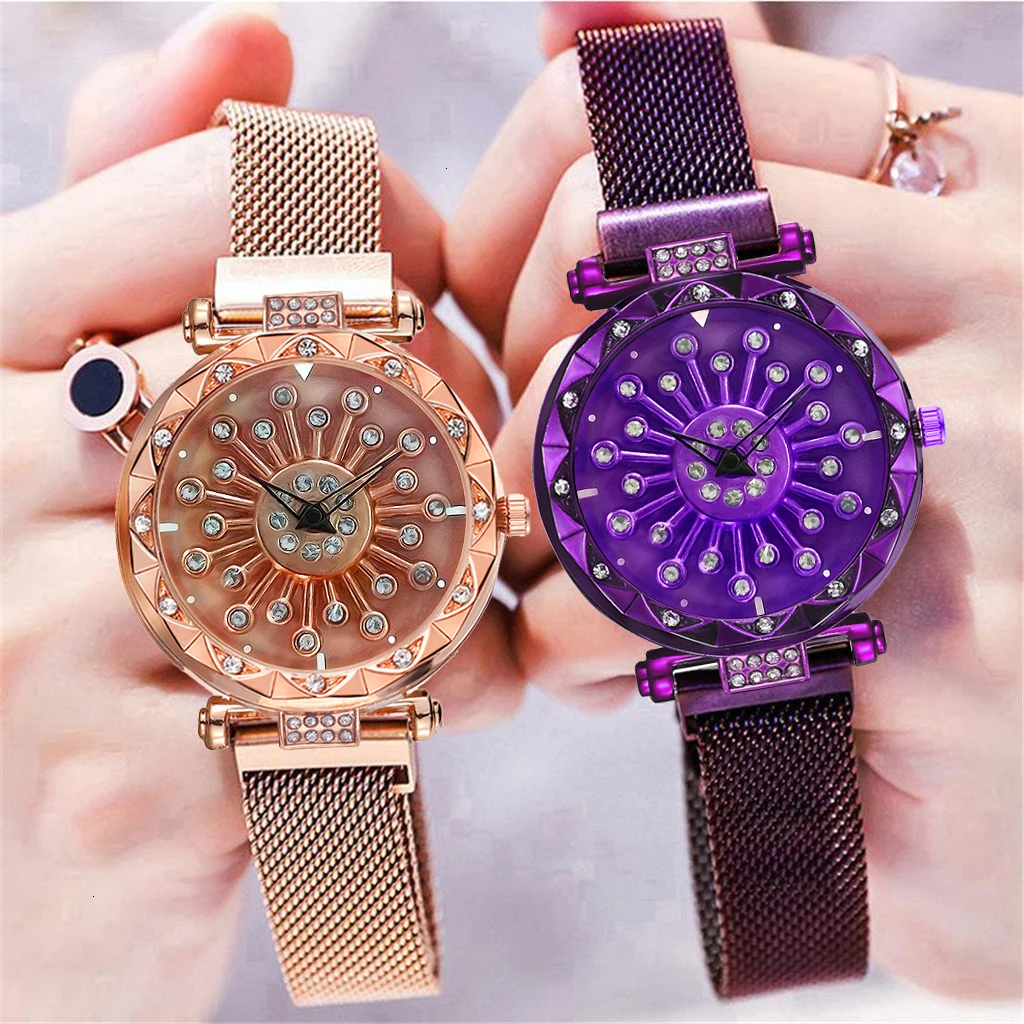 Women Magnet Buckle Rotating Diamond Dial Watch Luxury Ladies Stainless Steel Quartz Watch Clock Relogio Feminino