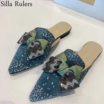 

2020 New Bling Butterfly-knot Pointed Toe Mules Woman Closed Toe Crystal Spring Slippers Woman Runway ladies Flat Slippers Woman