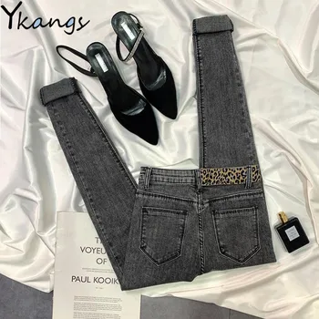 

Mom Stretch Leopard print Skinny Jeans Women Vintage Elastic Pencil Jeans Korea Cloth Fashion Femme High Waist Lady Denim Pants