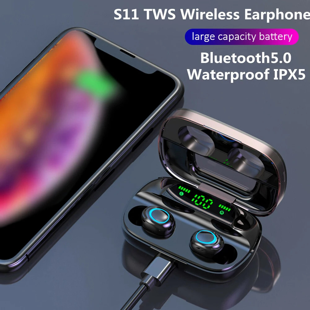 S11 V5.0 Bluetooth стерео наушники Беспроводной Водонепроницаемый сенсорный Bluetooth гарнитуры 2000 мА/ч, Батарея светодиодный Дисплей с зарядный чехол