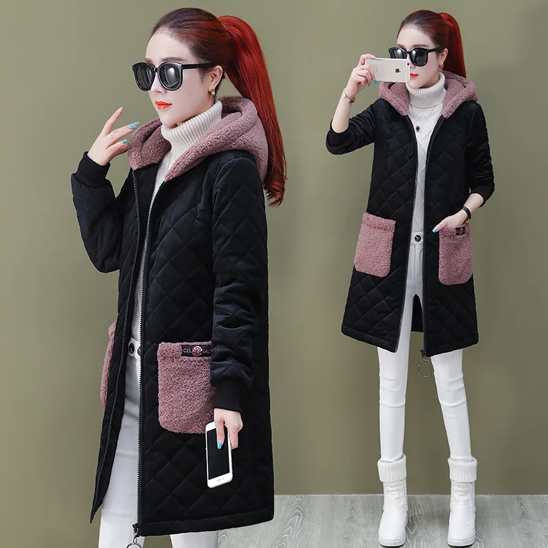 

2019 Winter New Style WOMEN'S Coat Mid-length Lambs Wool Hooded down Jacket Cotton-padded Clothes Women's Gold Velvet Cotton Coa