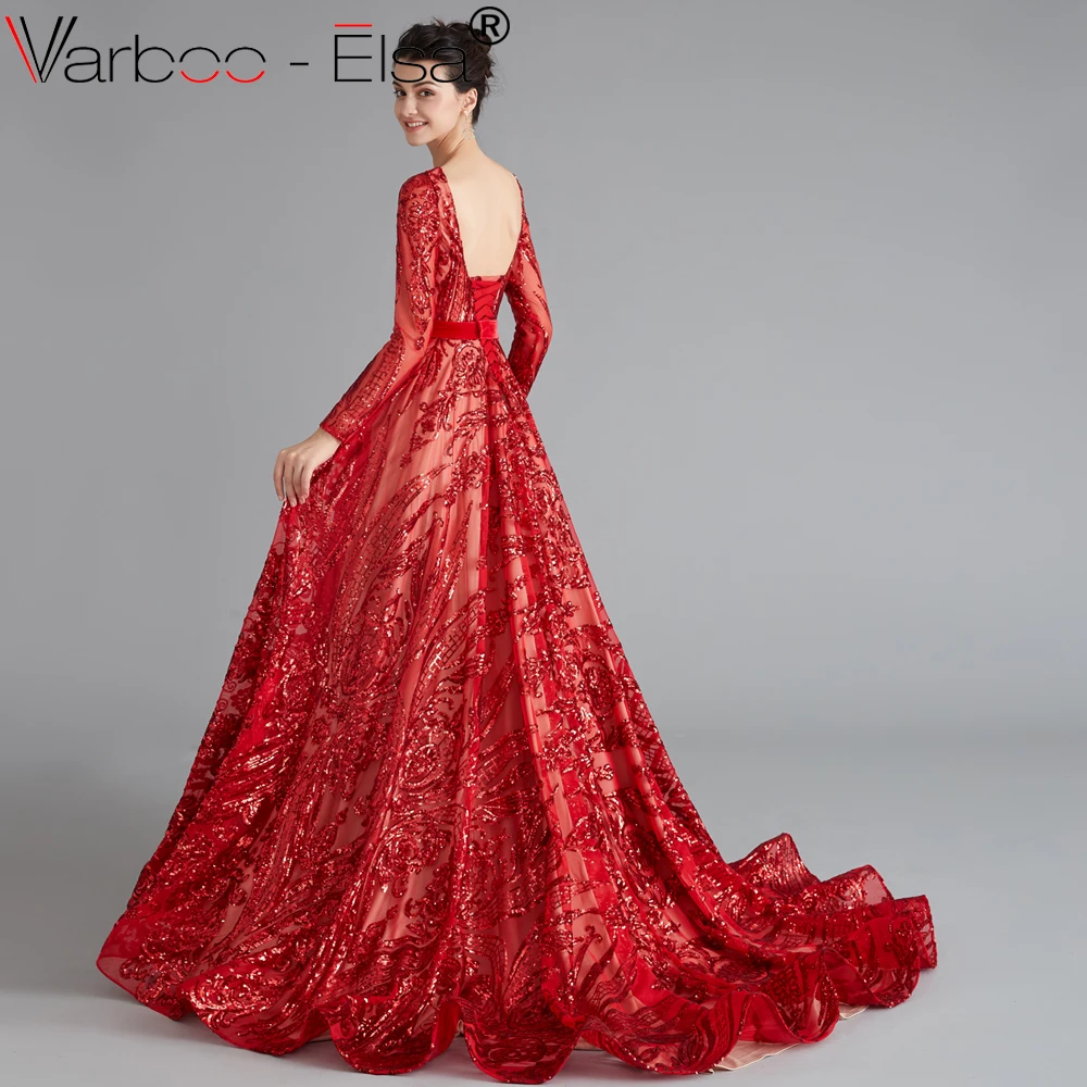 VARBOO_ELSA Красные Блестки с длинным рукавом Формальное вечернее платье для мусульманских женщин длинные имперские вечерние платья для выпускного вечера ТРАПЕЦИЕВИДНОЕ вечернее платье с открытой спиной