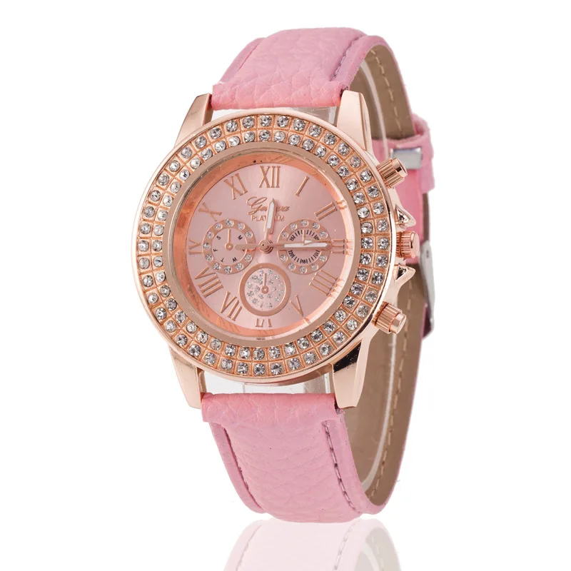 

Hot Sales Geneva Fake Three-Eyed Women's Belt Watch Geneva Dial Diamond Set Quartz Watch