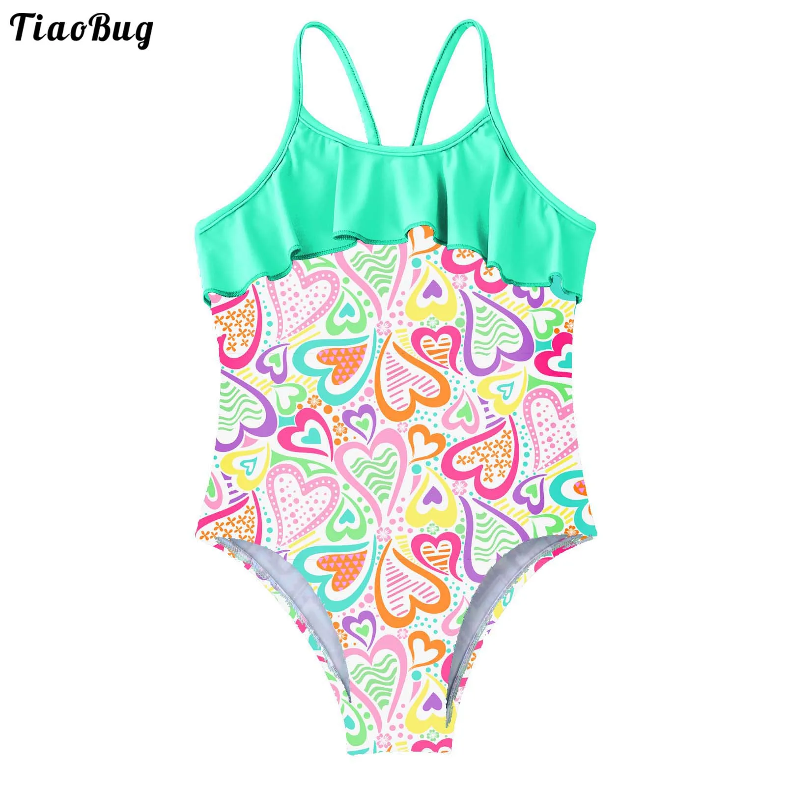 TiaoBug Kids Girls Summer Beach Swimwear Floral Print One-Piece Swimming Bodysuit Straps Hollow Out Ruffle Trim Jumpsuit