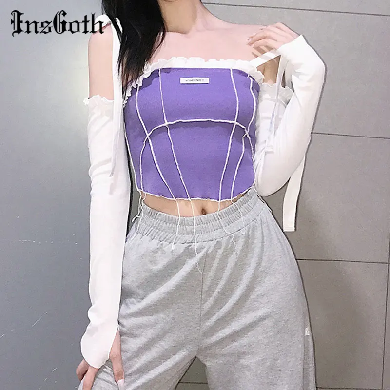 

InsGoth Streetwear Sexy Slash Neck Purple Crop Tops Gothic Punk Bandage Patchwork Bodycon Tops Harajuku Casual Long Sleeve Tops