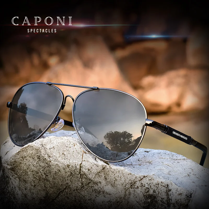 

CAPONI Polarized Sun Glasses For Men Pilot Vintage Brand Designer Black Glasses Light Weigh Classic Shades For Male UV400 CP9812